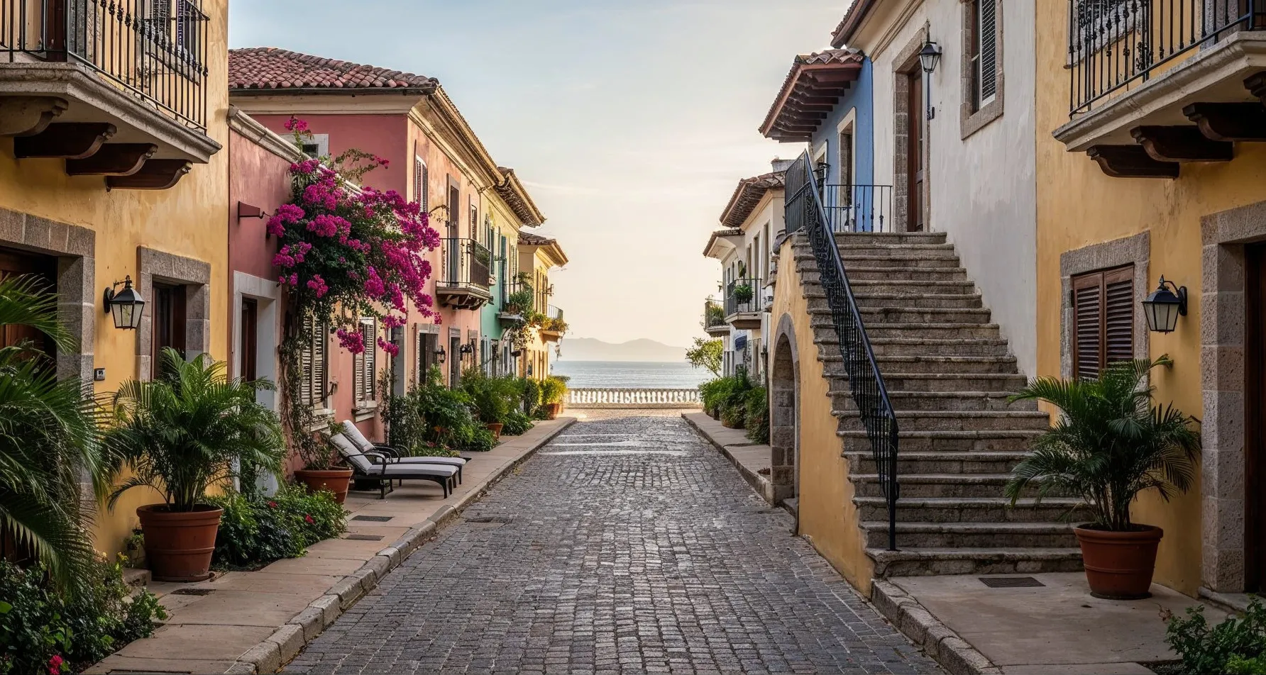 Calle peatonal de Las Catalinas con casas de colores y el mar al fondo