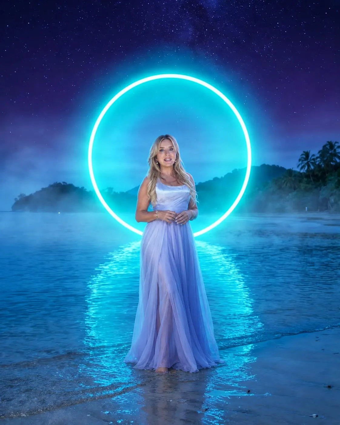 Rosanna Biglia descalza en la orilla del mar, frente a un portal de luz